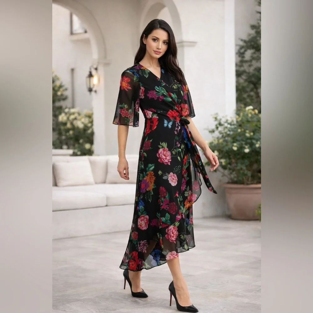 Joseph Ribkoff Floral Wrap Midi Dress Black Multicolor Size 8 Elegant Chic